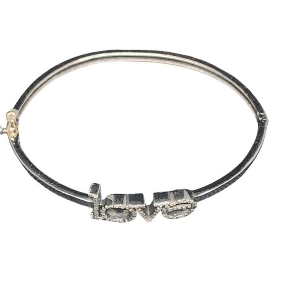LOVE Initial Designer 925 Silver Pave Diamond Bangle Bracelet With Gold Clasp - Picture 3 of 6